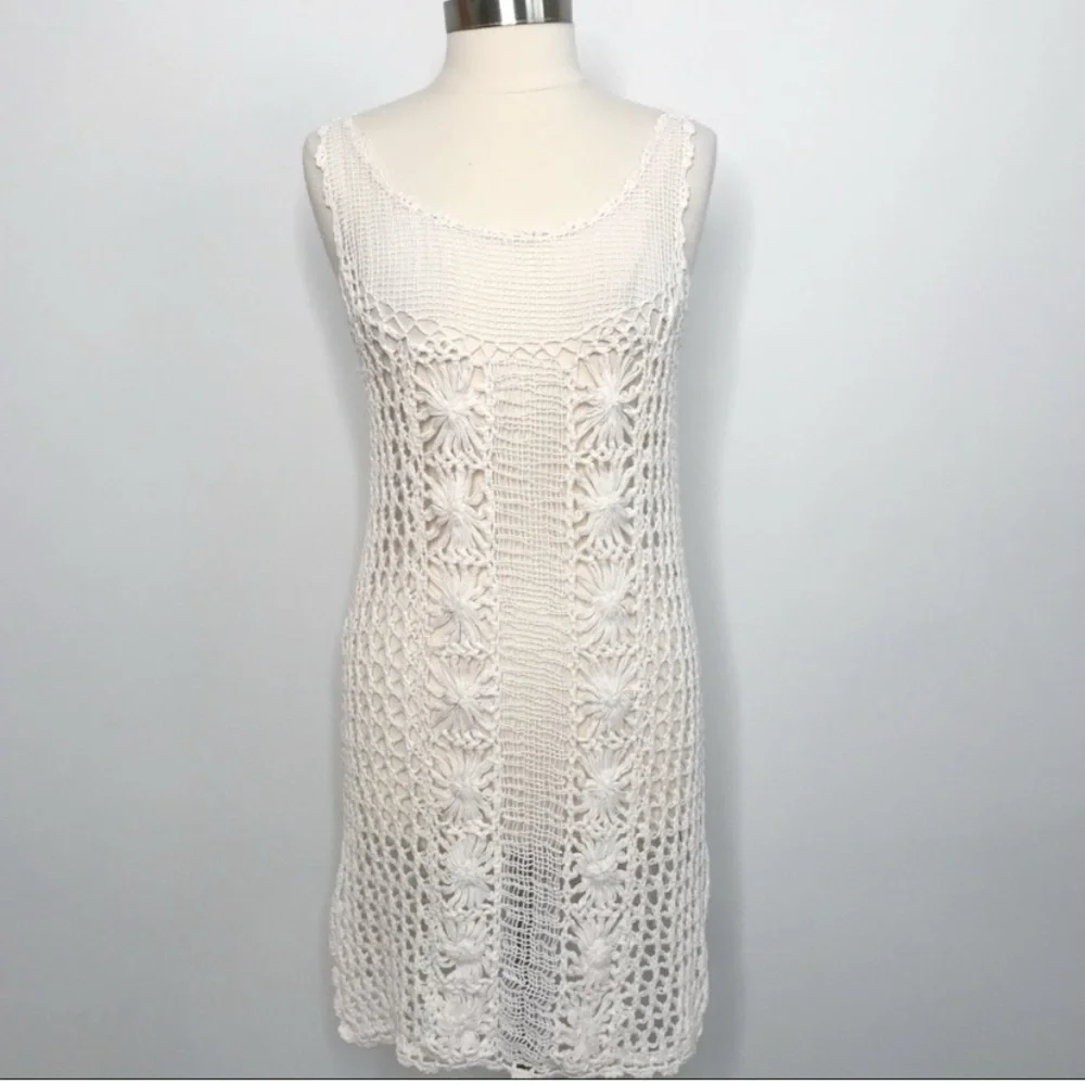 Free People Rare Crochet Tunic Dress White Size M‎ Boho Coastal Cowgirl Festival